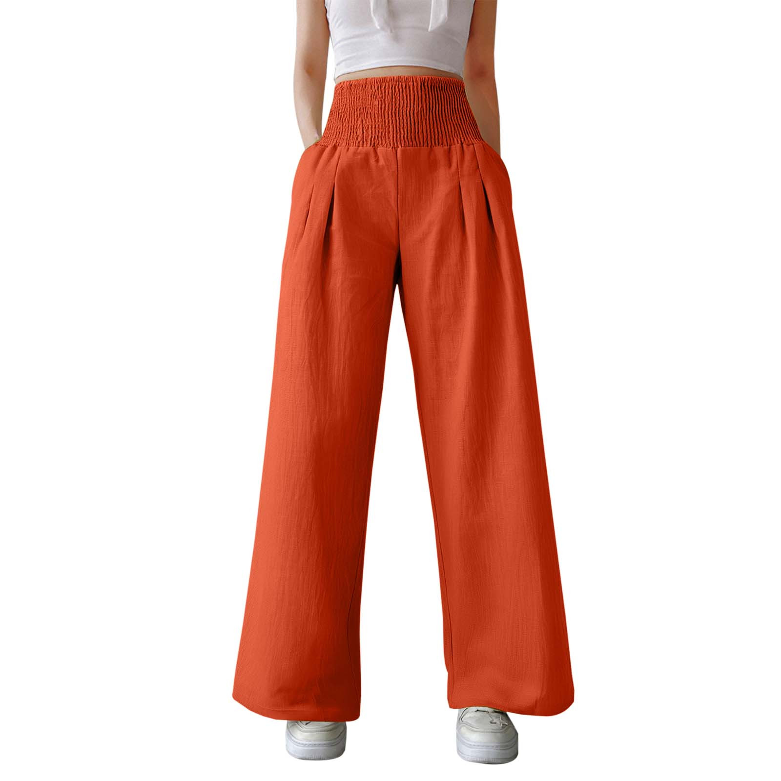 thumbnail image 1 of Pantalones anchos de cintura alta para mujer: elásticos, de color liso, con bolsillos y cinturón, para llevar a diario de forma informal. Tallas: M-XXXL., 1 of 2